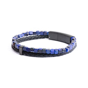 Doppeltes Armband mit schwarzem italienischem Leder und blauem Tigerauge-Stein