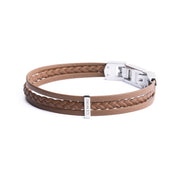 Triple light brown Italian nappa leather bracelet with silverplated finish