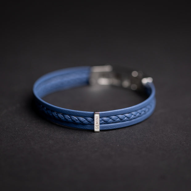 Triple light blue Italian nappa leather bracelet with silverplated finish