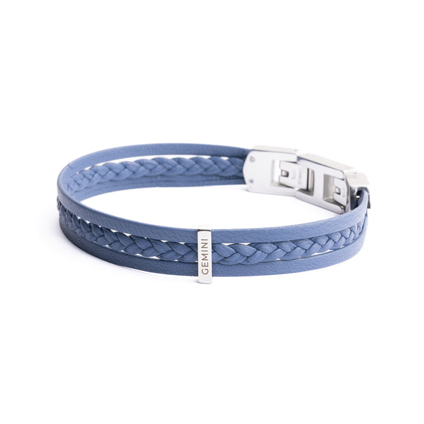 Triple light blue Italian nappa leather bracelet with silverplated finish