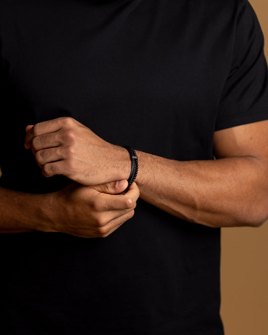 Neue dreifache Armband mit schwarzem italienischem Leder und Achatstein