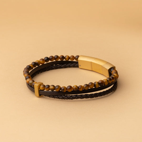 New triple bracelet with brown Italian leather and tiger eye stone