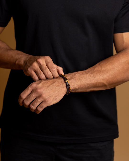 New triple bracelet with brown Italian leather and tiger eye stone