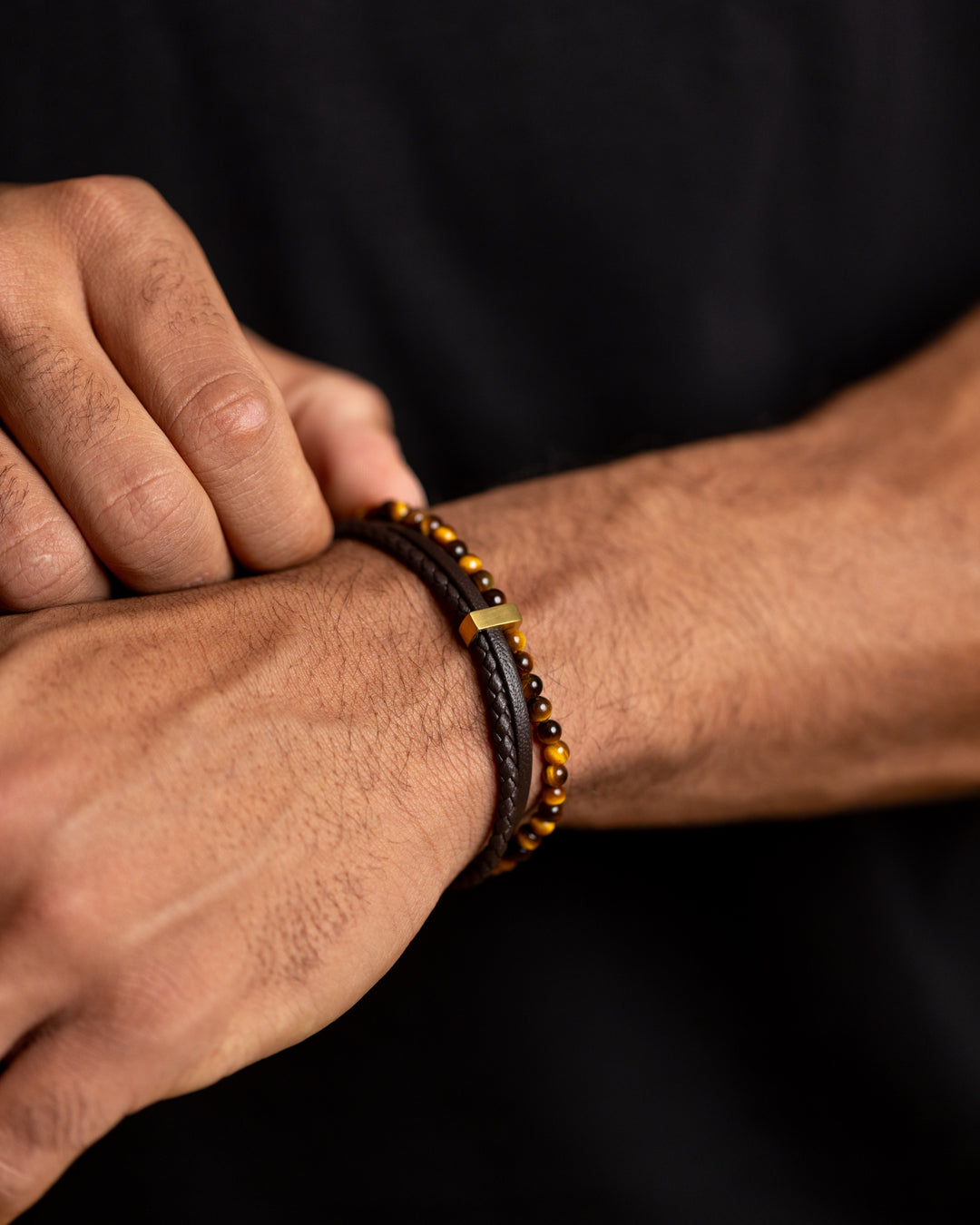 New triple bracelet with brown Italian leather and tiger eye stone