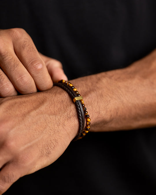 New triple bracelet with brown Italian leather and tiger eye stone