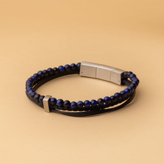New triple bracelet with blue Italian leather and blue tiger eye stone