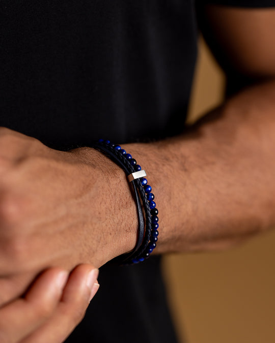 New triple bracelet with blue Italian leather and blue tiger eye stone