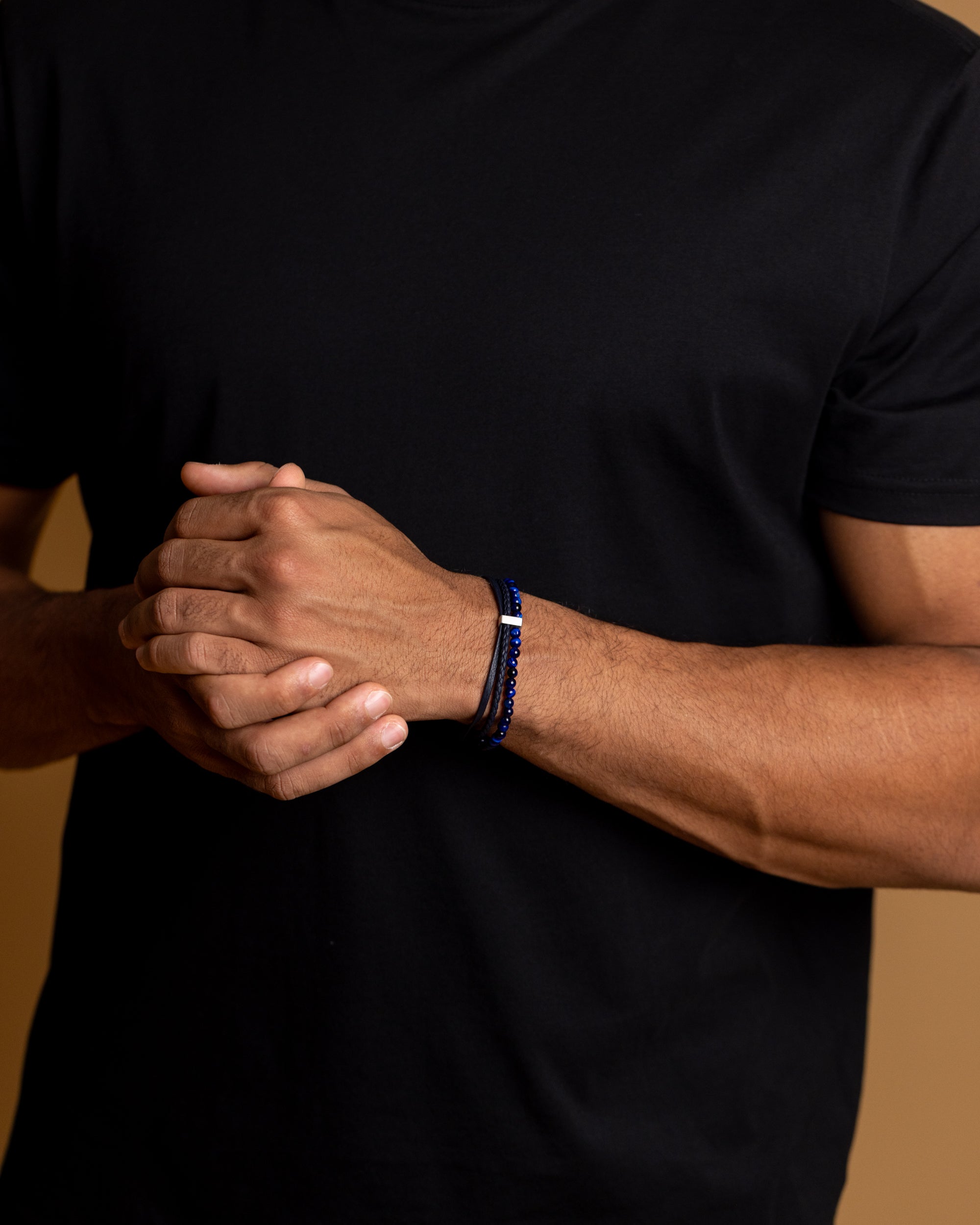 New triple bracelet with blue Italian leather and blue tiger eye