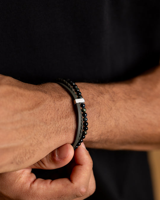 New triple bracelet with Italian leather and green tiger eye stone