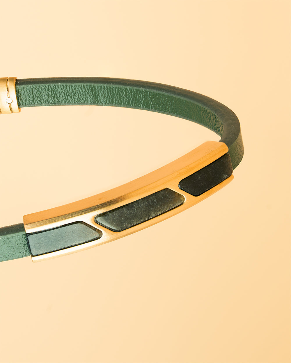 Green leather bracelet with Obsidian stone