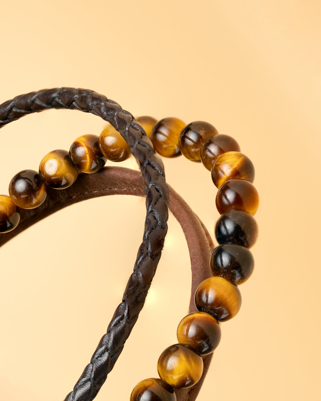Triple bracelet with 6mm Tiger Eye stone and Nappa leather