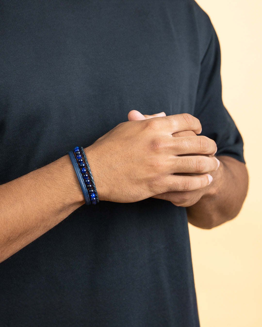 Driedelige armband met 6mm Tijgeroog steen en Nappa leder