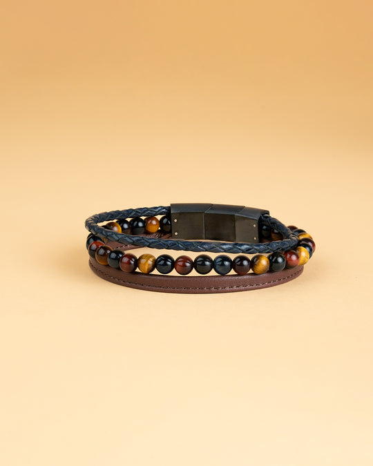 Triple bracelet with 6mm Tiger Eye stone and Nappa leather