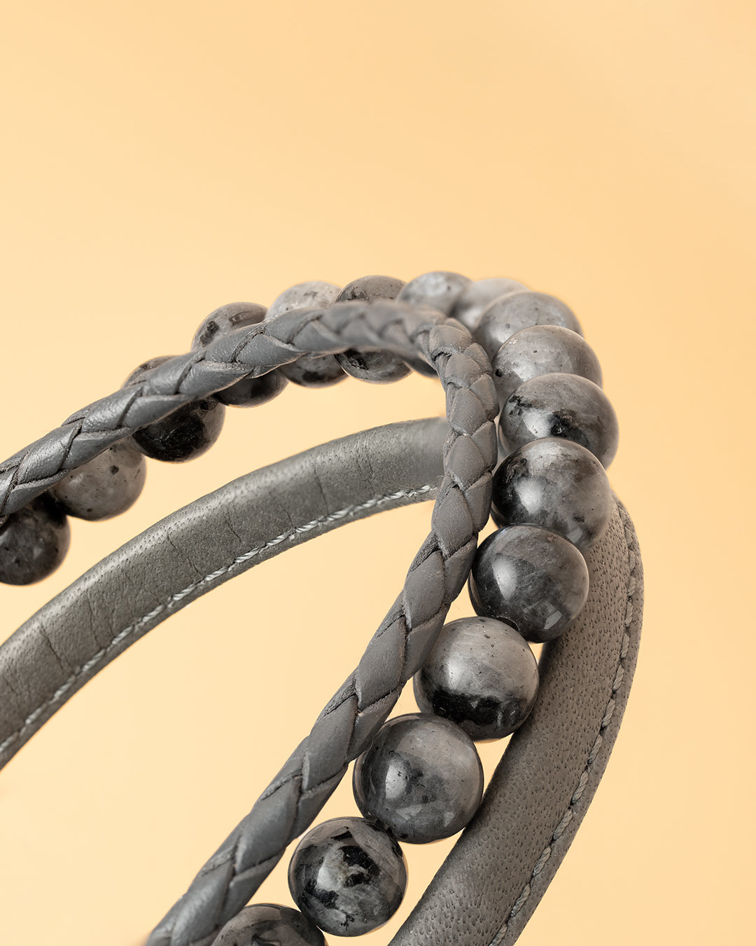 Triple bracelet with 6mm Larvikite stone and Nappa leather