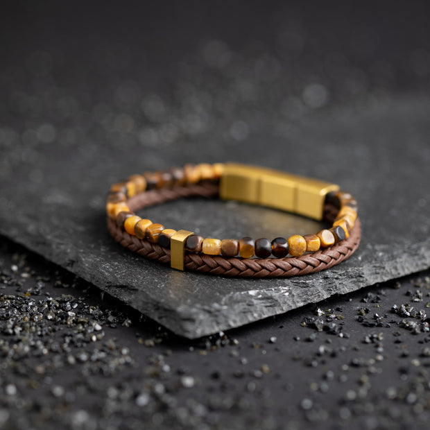 Doppelarmband mit italienischem Leder und 4 mm Tigerauge-Stein