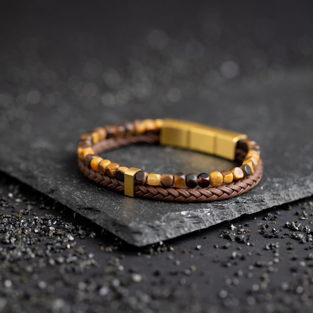 Double bracelet with Italian leather and 4mm Tiger Eye stone