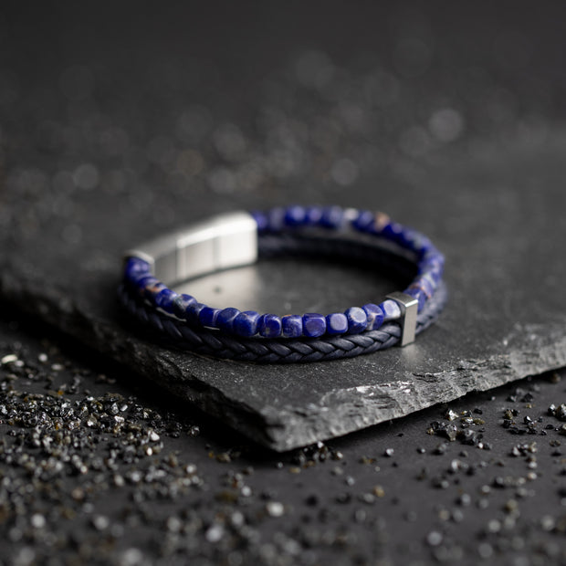 Bracelet double avec cuir italien et pierre de sodalite bleue de 4 mm