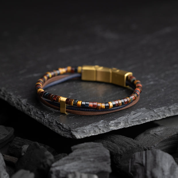 Dreifaches Armband mit italienischem Leder und 2 mm Tigerauge-Stein in 3 Farben