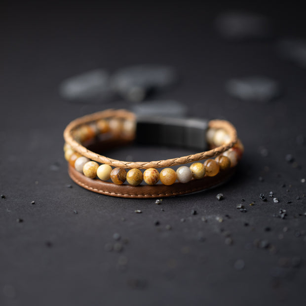 Bracelet triple avec pierre de Jaspe en 6 mm et cuir Nappa