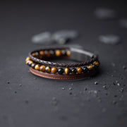 Bracelet Triple avec pierre d'Oeil de Tigre en 6 mm et cuir Nappa