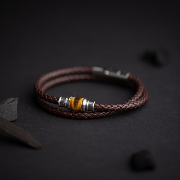 5mm Woven round leather bracelet with custom Tiger Eye stone