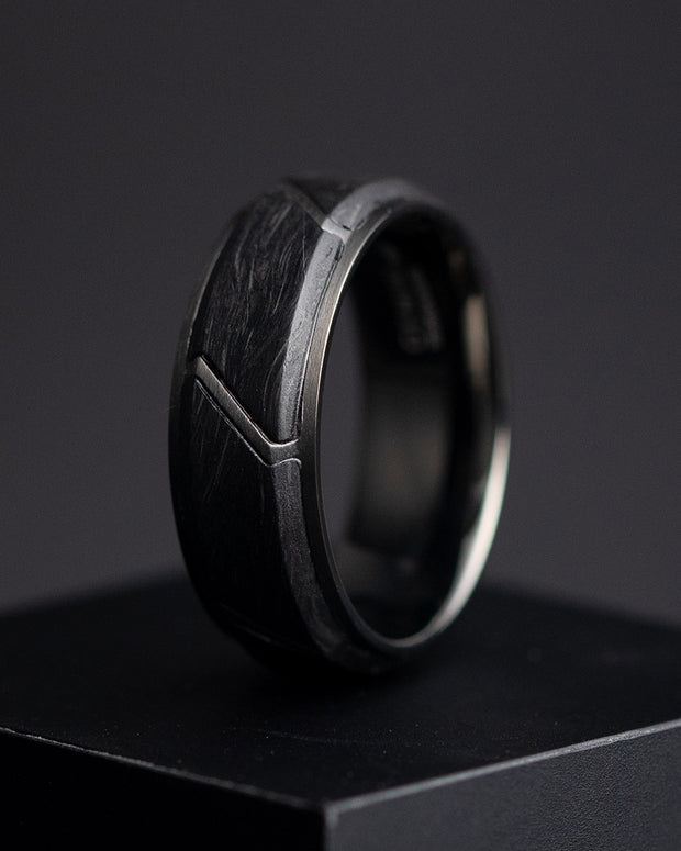 8mm Black titanium ring with Forged Carbon finish