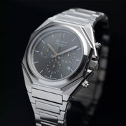 44mm Swiss chronograph watch with silver case and strap