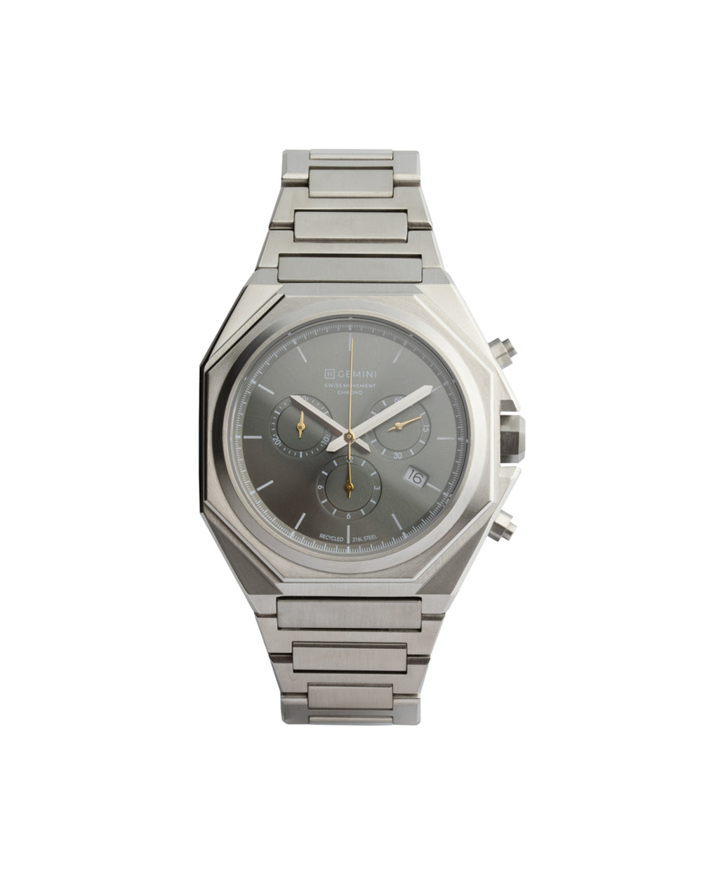44 mm Schweizer Chronograph mit silbernem Gehäuse und Armband
