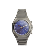 44mm Swiss chronograph watch with dark grey case and strap