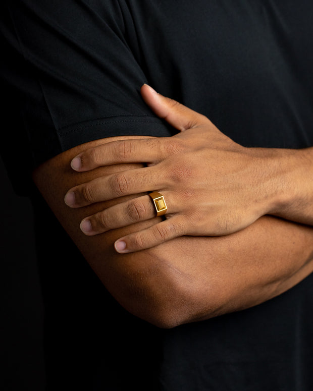 18k gold plated Titanium signet ring with Tiger Eye stone