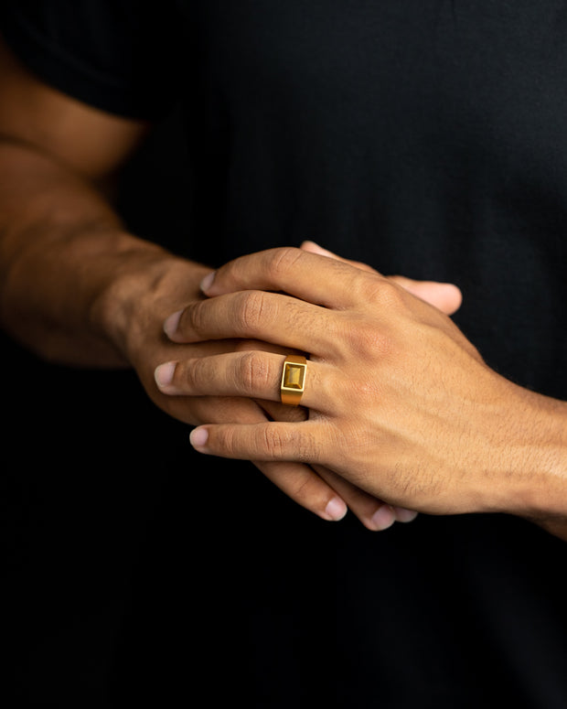 18k gold plated Titanium signet ring with Tiger Eye stone