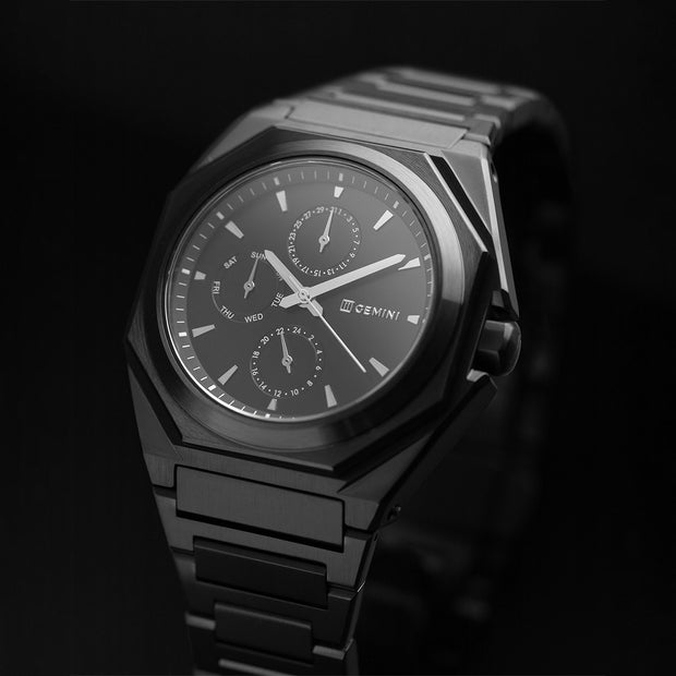 42mm full stainless steel watch with black finish