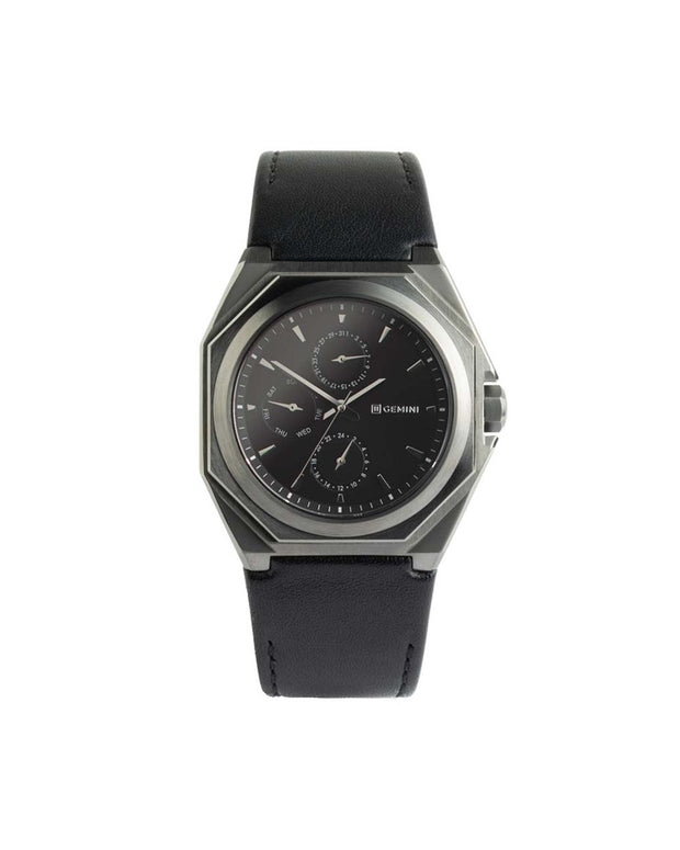 42mm black steel watch with Italian leather strap