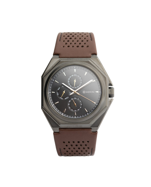 44mm dark grey steel watch with brown Italian leather strap