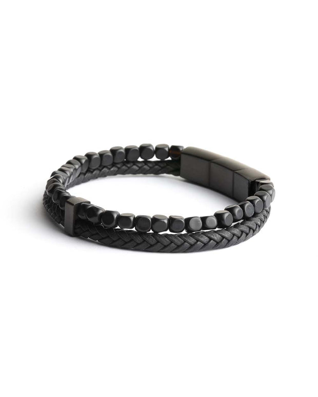 Double bracelet with Italian leather and 4mm Black Agate stone