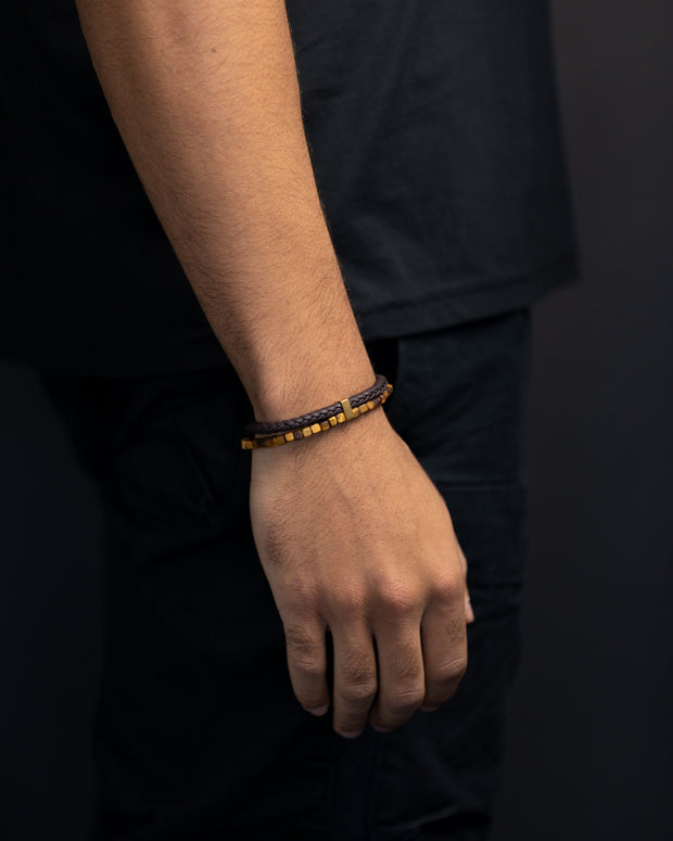 Double bracelet with Italian leather and 4mm Tiger Eye stone