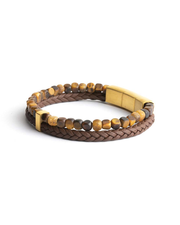 Doppelarmband mit italienischem Leder und 4 mm Tigerauge-Stein