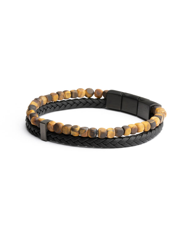 Double bracelet with black Italian leather and 4mm Tiger Eye stone