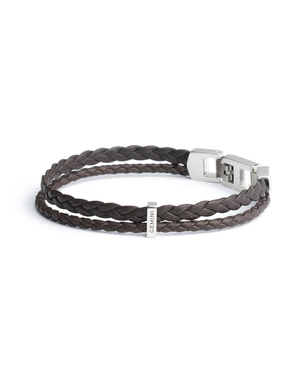 Double brown Italian nappa leather bracelet with silverplated finish