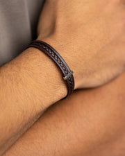 Triple brown Italian nappa leather bracelet with silverplated finish