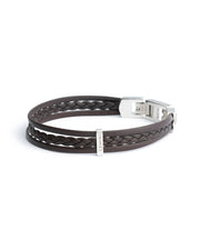 Triple brown Italian nappa leather bracelet with silverplated finish