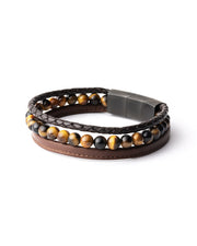 Triple bracelet with 6mm Tiger Eye stone and Nappa leather