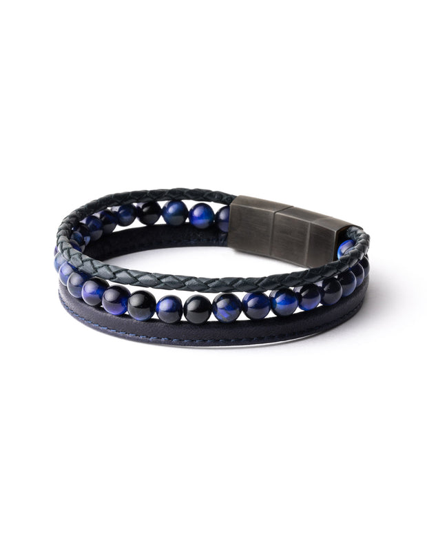 Driedelige armband met 6mm Tiger Eye steen en Nappa leder